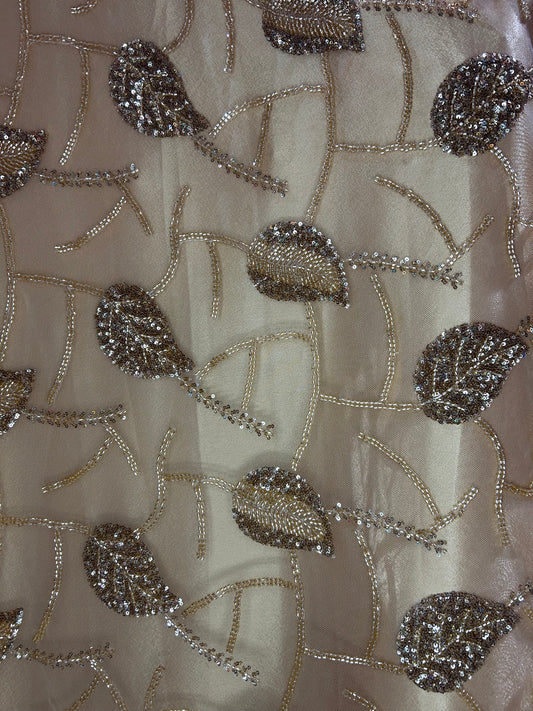 Beaded Leaf Fabric-Gold