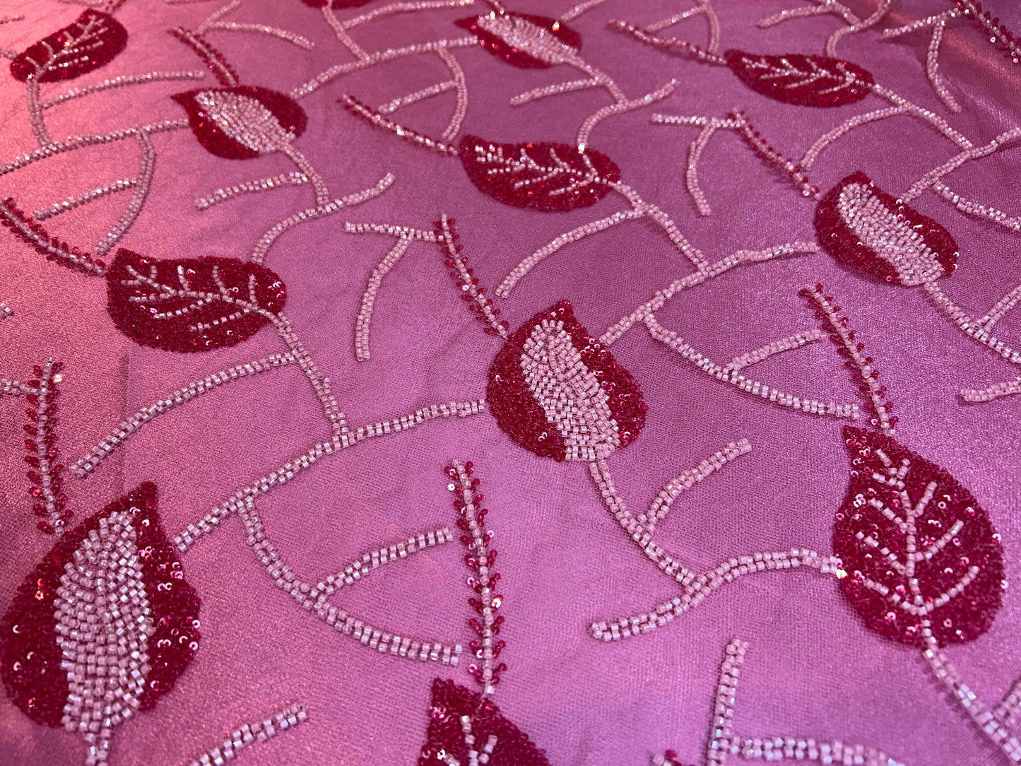 Beaded Leaf Fabric-Pink