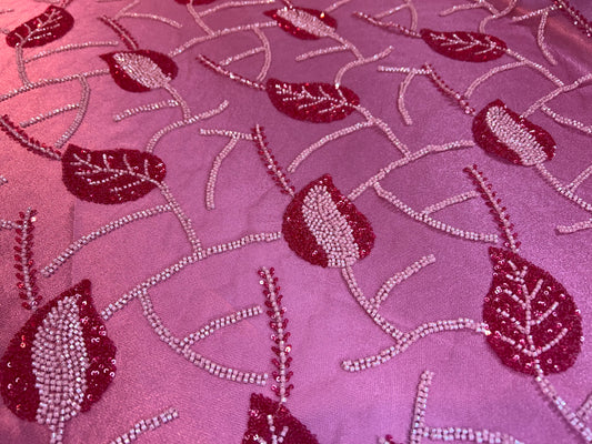 Beaded Leaf Fabric-Pink